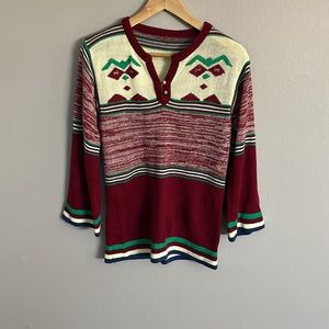Women’s Vintage Henley Ski Sweater with cropped bell sleeves.